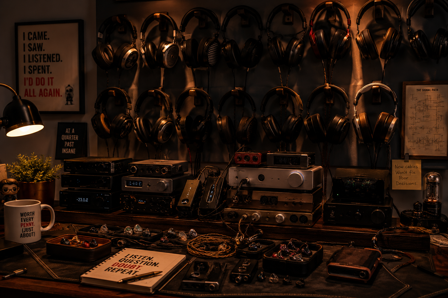 Audiophile setup with headphones, amplifier and glowing vacuum tubes